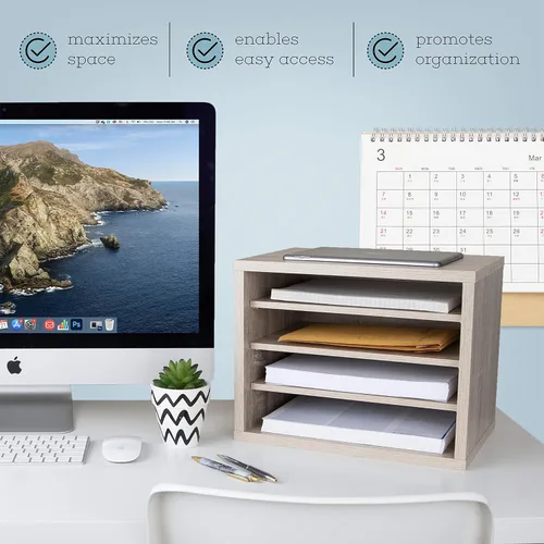 Miniatura 6 de AdirOffice Organizador de escritorio con estantes, estantes apilables de madera de 4 niveles, organizador de correo de archivos, almacenamiento