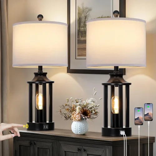 Juego de 2 lámparas de mesa negras para sala de estar, lámparas de mesa Farmhouse con control táctil regulable de 3 vías y 2 puertos USB, lámpara de