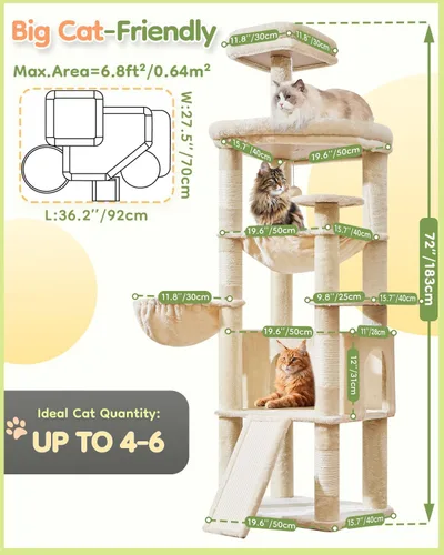 Miniatura 7 de Taoqimiao Árbol para gatos de 72 pulgadas para gatos grandes, torre alta de varios niveles, condominio ampliado para gatos con tabla de rascar