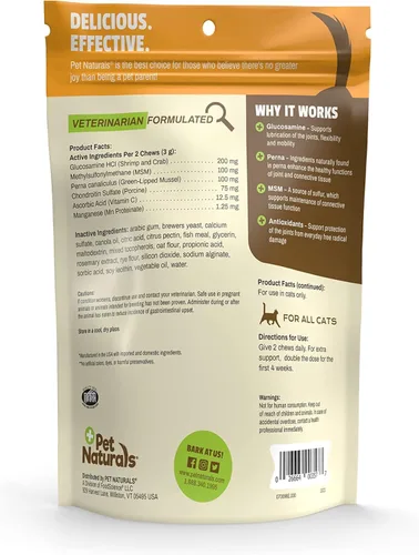Miniatura 7 de Pet Naturals Suplemento de cadera y articulaciones con glucosamina, mejillón de labios verdes y condroitina para gatos, sabor a pato, 160 masticables