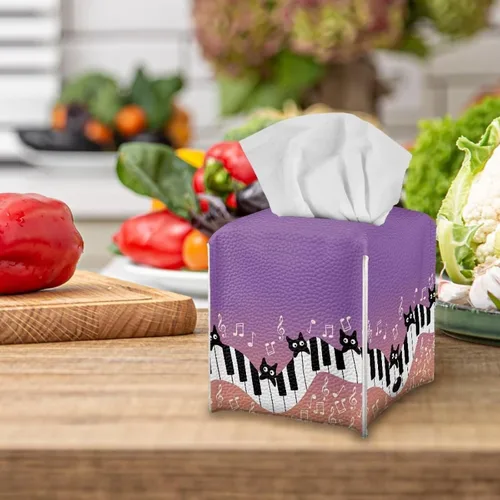 Miniatura 3 de Gomyblomy Juego de caja de pañuelos de cuero sintético con teclado de piano de gato negro, caja de pañuelos plegable impermeable con cinturón