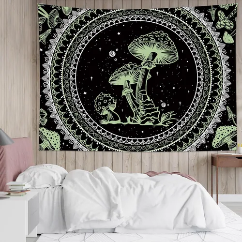 Miniatura 31 de SCECALA Tapiz bohemio de hongos, mandala blanco y negro para colgar en la pared para dormitorio, decoración bohemia del hogar, 60 x 40 pulgadas