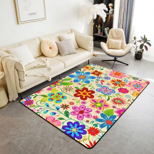 Alfombra antideslizante para niños de 3 x 5 pulgadas, alfombra retro Groovy para sala de estar, dormitorio, alfombra floral psicodélica vintage de