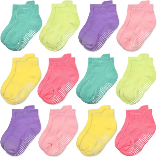 Miniatura 8 de GRPSKCOS - Calcetines antideslizantes para niños pequeños de 12 pares, calcetines antideslizantes para tobillos para niñas y niños, calcetines