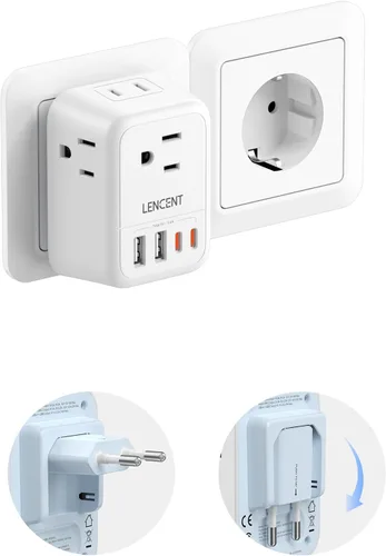 LENCENT Adaptador de enchufe de viaje europeo, adaptador de enchufe plegable de EE. UU. a Europa con 4 tomas, adaptador de cargador de 4 USB (2 USB