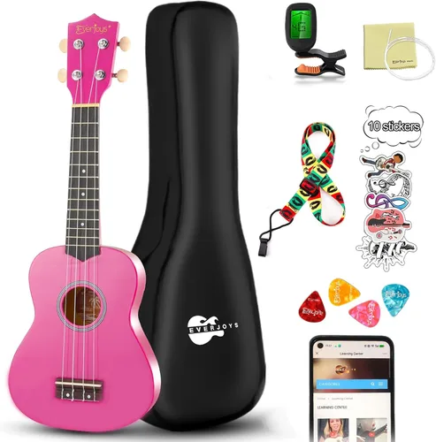 Miniatura 16 de Everjoys Paquete de ukelele soprano para principiantes de 21 pulgadas con clase en línea gratuita, bolsa de actuación, afinador digital, púas y paño