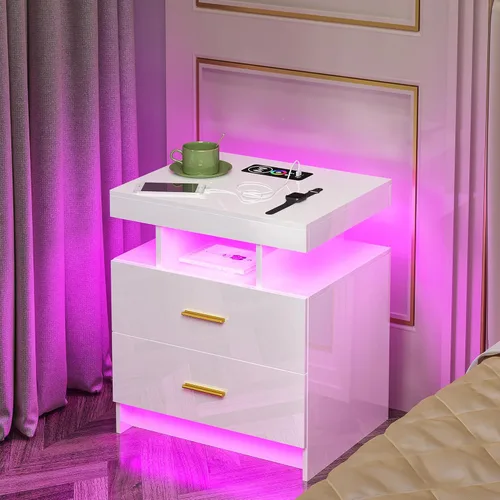 Miniatura 9 de HNEBC Mesita de noche LED, RGB blanco con estación de carga USB/inalámbrica, moderna mesita de noche con sensor automático de luces RGB, mesa blanco