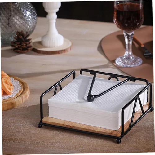 Miniatura 3 de Metal Napkin Holder with Weighted Tension Arm & Wooden Base, Rustic Dispenser for Table & Kitchen, Black