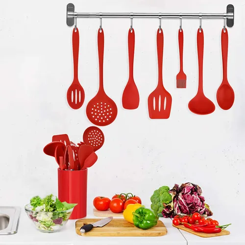 Miniatura 7 de LIANYU Utensilios de cocina de silicona roja de 12 piezas con soporte, juego de herramientas de cocina incluye espátula ranurada, cuchara, cucharón