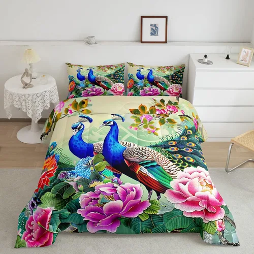 Juego de edredón de pavo real en acuarela tamaño King, elegante y hermoso juego de ropa de cama edredón de plumas azules de 3 piezas para niños,