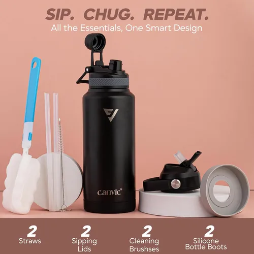 Miniatura 2 de Canvic DualSip - Botella de agua de acero inoxidable aislada al vacío de 32 onzas, 2 tapas a prueba de fugas (pajilla y pico), boca ancha, sin BPA