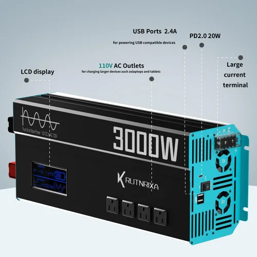 Miniatura 2 de Pico de potencia de onda sinusoidal pura de 3000 W, 6000 W, 12 V, inversor de CC a CA 110 V 120 V con control remoto, 4 salidas de CA, puerto USB