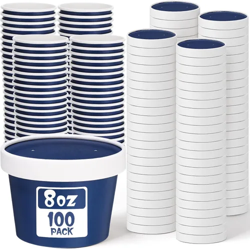 Miniatura 16 de Fulmoon Paquete de 100 recipientes de papel para sopa con tapas, recipientes de papel desechables para alimentos con tapa ventilada, tazas de postre