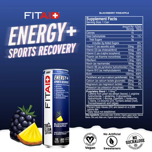 Miniatura 3 de Bebida FITAID ENERGY, 0.007 onzas de cafeína natural, keto, piña y mora, omega-3, 15 calorías, paleo, vegana y sin gluten, sin edulcorantes