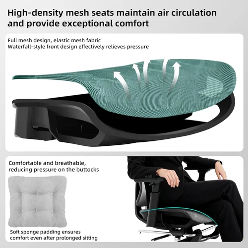 Miniatura 4 de Silla de oficina ergonómica con reposapiés, silla de oficina grande y alta, soporte lumbar ajustable de 4 niveles, bloqueo de inclinación de 155°