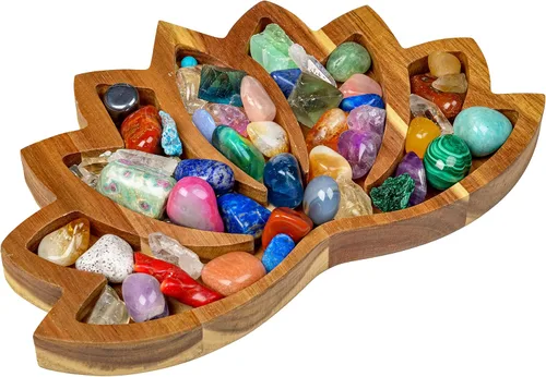 Bandeja de Exhibición de Cristal Lotus – Muestra Tus Gemas, Piedras Curativas y Tesoros – Cuenco de Madera para Rocas de 11"x7", Soporte de Cristal