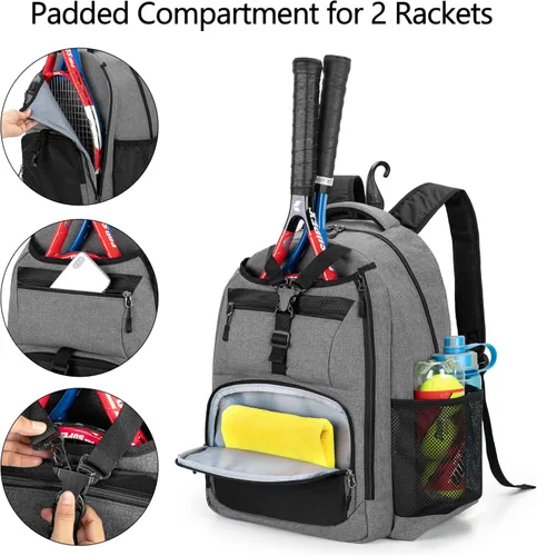 Miniatura 2 de Bolsa de tenis DSLEAF para hombres/mujeres para guardar 2 raquetas, mochila de tenis con espacio separado para zapatos para el deporte de tenis Gris