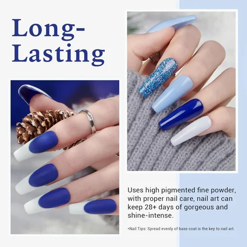 Miniatura 2 de AZUREBEAUTY Kit de polvo de inmersión para uñas, color blanco y azul marino con purpurina, 4 colores, polvo de inmersión acrílico, juego líquido