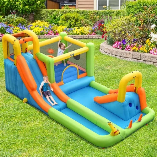 Miniatura 8 de HONEY JOY Tobogán acuático inflable, casa de rebote de agua gigante 8 en 1 y parque acuático con toboganes, escalada, piscina de chapoteo, toboganes