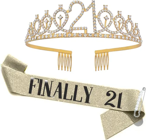 Juego de tiara de banda y diamantes de imitación de 21 cumpleaños, regalos de cumpleaños de 21 años para ella, suministros de fiesta para mujeres