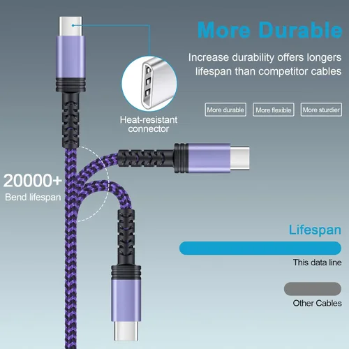 Miniatura 3 de Cable de carga USB C, cable de alimentación para teléfono Android, paquete de 3 unidades, trenzado USB A a tipo C, cable de carga rápida