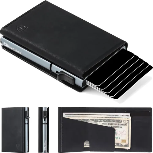 Conceal Plus - Cartera con bloqueo RFID para hombre, delgada, tarjetero desplegable, segura con función deslizante (piel sintética, negro y titanio)
