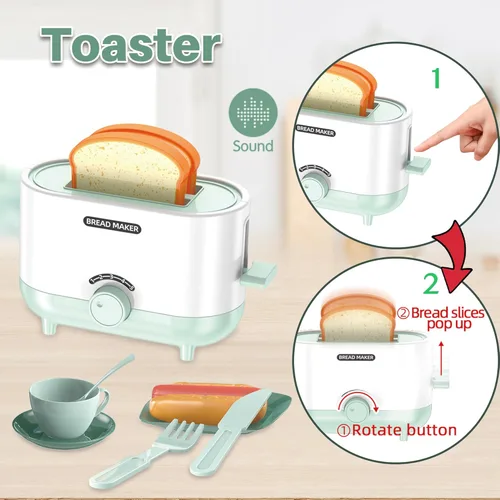 Miniatura 4 de Accesorios de cocina de juego para niños, juego de simulación de cocina con juguetes de electrodomésticos de cocina con cafetera, tostador