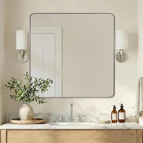 Miniatura 49 de ANDY STAR Espejo cromado para baño, espejo de pared con marco de metal de 22 x 30 pulgadas, espejo rectangular de acero inoxidable con esquina