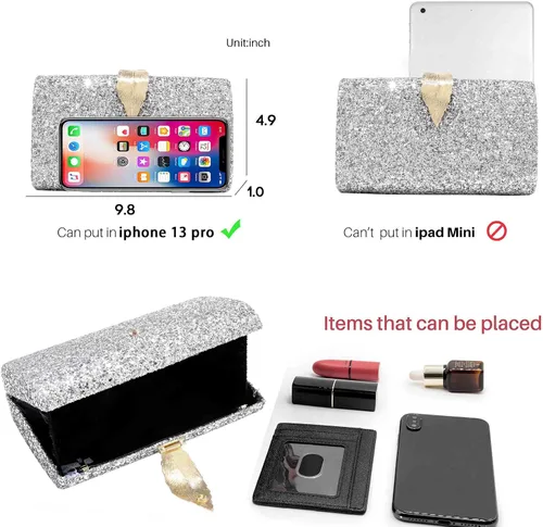 Miniatura 5 de Yokawe Bolso de noche con purpurina para mujer, bolso de mano con embrague, bolso cruzado para bodas, fiestas, bailes, cócteles