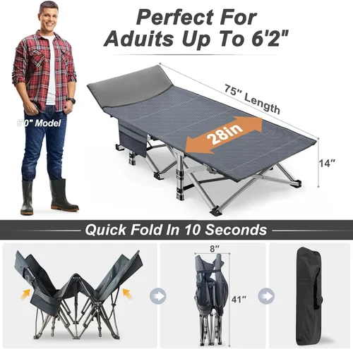 Miniatura 6 de ABORON Catre de Campamento para Adultos de 28" Extra Ancho, Paquete de 2 Catres Oxford 1200D Resistentes para Dormir, Cama de Campamento Plegable