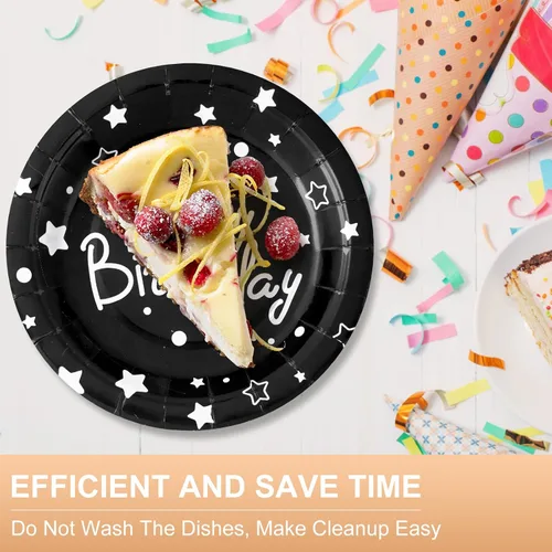 Miniatura 4 de Platos de papel de fiesta de feliz cumpleaños, platos de postre negros, 7 pulgadas, 50 unidades, lunares de aluminio para decoraciones de fiesta