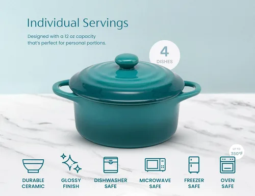 Miniatura 6 de Kook Juego de mini cocotte de cerámica, cacerolas pequeñas con tapas y asas, moldes individuales para hornear, aptos para horno, microondas