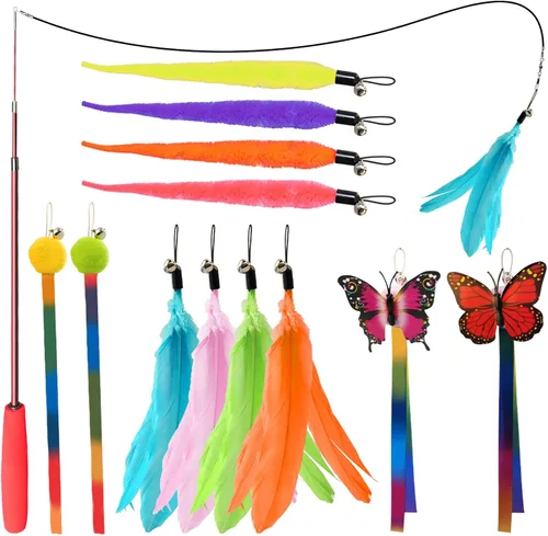 Miniatura 10 de Juguetes para Gatos de Interior, 11 Paquetes Juego de Varita Interactiva para Gatos con Juguetes de Plumas y Recambios de Cinta, Varita Retráctil