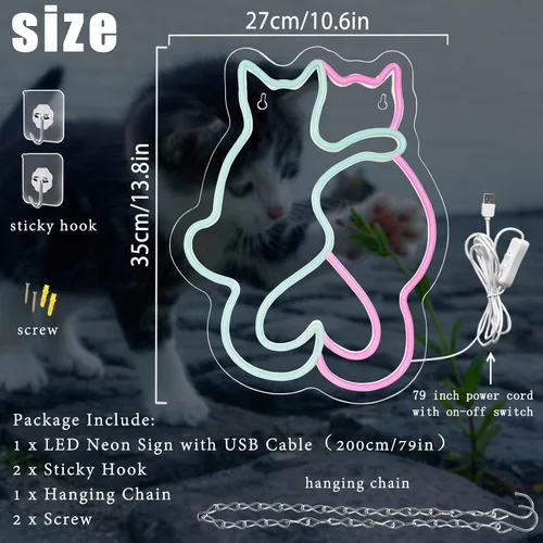 Miniatura 3 de Dos Letreros de Neón de Gato, Letrero de Neón LED de Gato para Decoración de Pared, Lindas Luces de Neón de Gato, Luz de Neón de Arte de Pared 3D