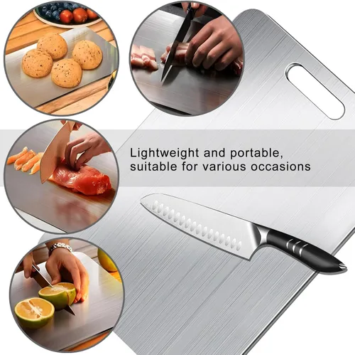Miniatura 4 de Tabla de cortar de titanio para cocina, juego de tablas de cortar de acero inoxidable 304 para frutas, carne y verduras (12 x 8 pulgadas)