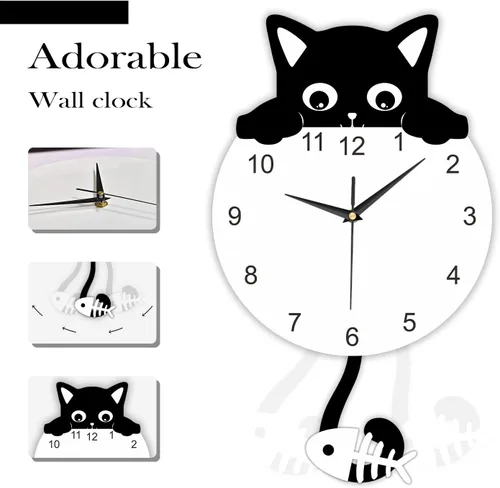 Miniatura 3 de Reloj de pared con péndulo de gato negro con cola oscilante, divertido reloj de gato con cola móvil, fácil de montar, gatitos y peces de lujo, reloj