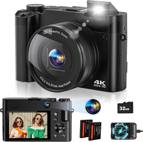 Cámara Digital 4K para Fotografía con Enfoque Automático, Cámara de Vlogging de Doble Lente de 64MP para Video Anti-Vibración, Cámaras de Viaje con