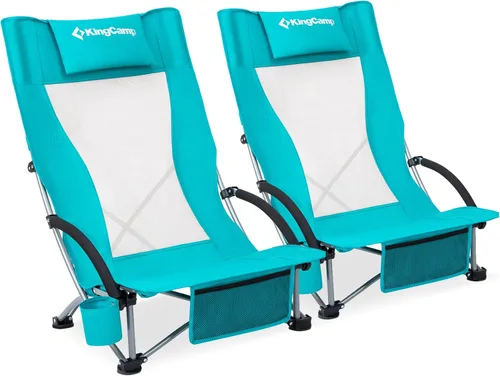 Miniatura 12 de KingCamp Paquete de 2 sillas de playa ligeras y plegables con respaldo alto con soporte para tazas, bolsa de almohada para acampar al aire libre