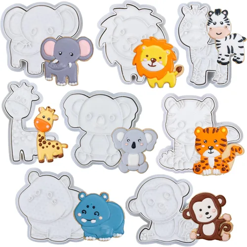 Miniatura 15 de Juego de 8 cortadores de galletas de animales con mango de sello 3D, diseño de selva para cocina, formas de pastel de ácido poliláctico