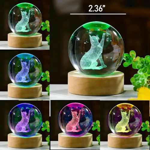 Miniatura 3 de Bola de cristal de gato 3D - Figuras de gato de cristal y decoración para habitación, cumpleaños o recuerdo