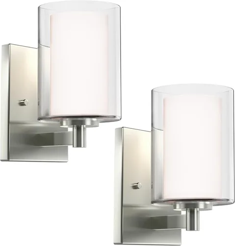 Miniatura 11 de Kalium Juego de apliques de pared de dos piezas, luces de tocador modernas con pantalla de vidrio transparente doble en negro mate para interiores