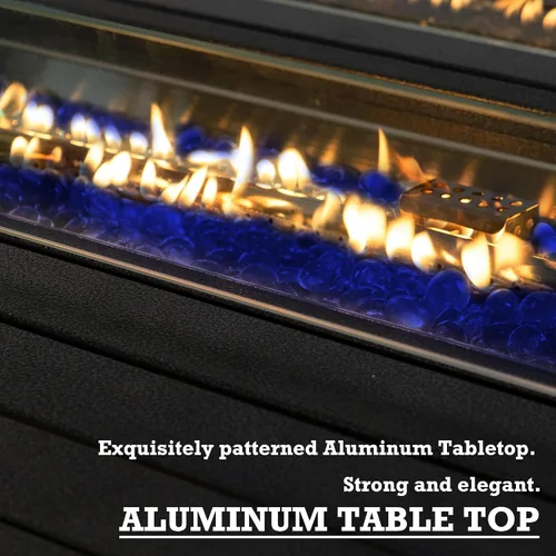 Miniatura 2 de Kozyard Mesa para fogata de gas propano para patio al aire libre, diseño de mimbre de 50,000 BTU con mesa de aluminio, protector de viento de Marrón