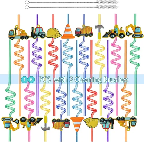 Miniatura 5 de Suministros reutilizables para fiesta de cumpleaños con tema de construcción - 16 piezas de pajitas de plástico para beber con temática