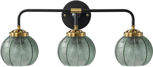 Aplique de pared negro de 3 luces para tocador de baño, lámpara de pared vintage de cristal verde con pantalla de vidrio acanalado, apliques de