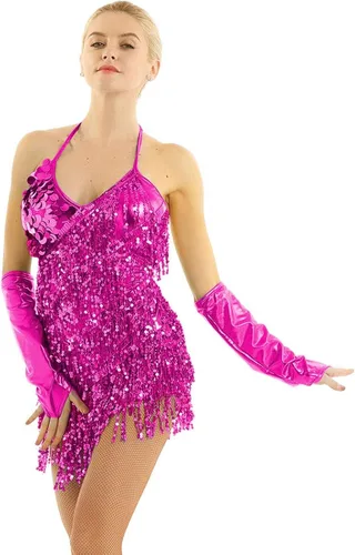 Miniatura 2 de YiZYiF Vestido de baile con cuello halter latino, salsa de tango, bailes y lentejuelas