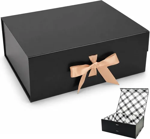 Tekhoho Caja de regalo grande negra de 13.2 x 10.6 x 5 pulgadas, caja de regalo de alta calidad con tapa magnética y cinta para vacaciones, boda,