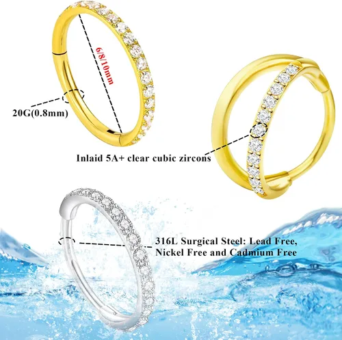 Miniatura 2 de SmileBelle Anillos de nariz con bisagra de 14K de oro para mujeres 20G, anillo de tabique clicker de acero quirúrgico 316L, arete de aro Huggie