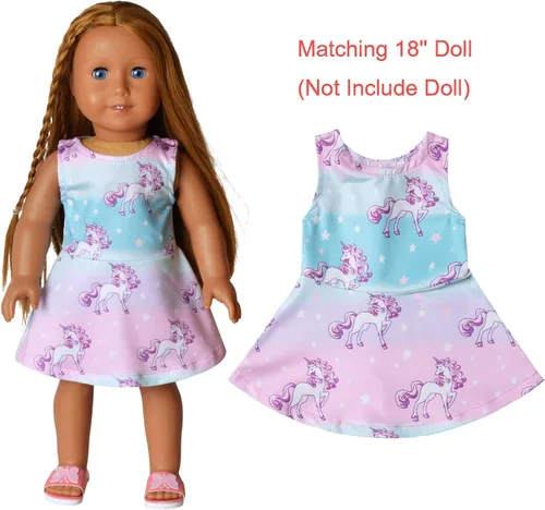Miniatura 66 de Perfashion Vestidos a juego para niñas y muñecas sin mangas/manga larga, acampanados, faldas de fiesta de unicornio