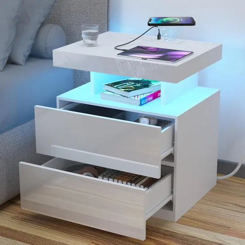 Miniatura 10 de HOMMPA Mesita de noche negra con estación de carga inalámbrica, mesita de noche de alto brillo con 3 cajones, mesa auxiliar con carga USB tipo C