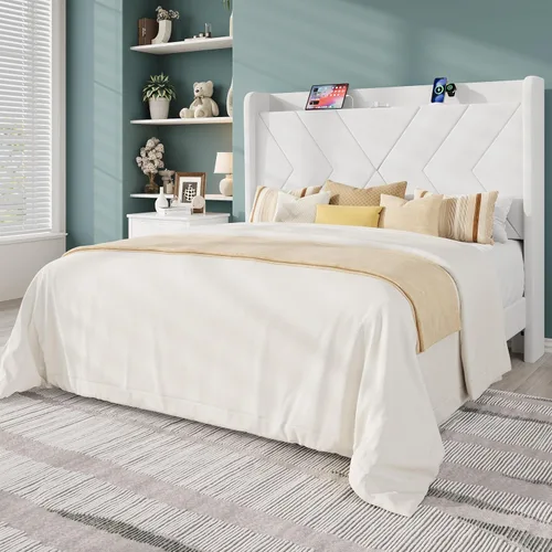 Miniatura 10 de Allewie Base de cama de plataforma de tamaño matrimonial con estación de carga y estante de almacenamiento, cabecera tapizada de terciopelo con Negro